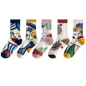 5 Pairs Women's Mid-Calf Oil Painting Art Socks